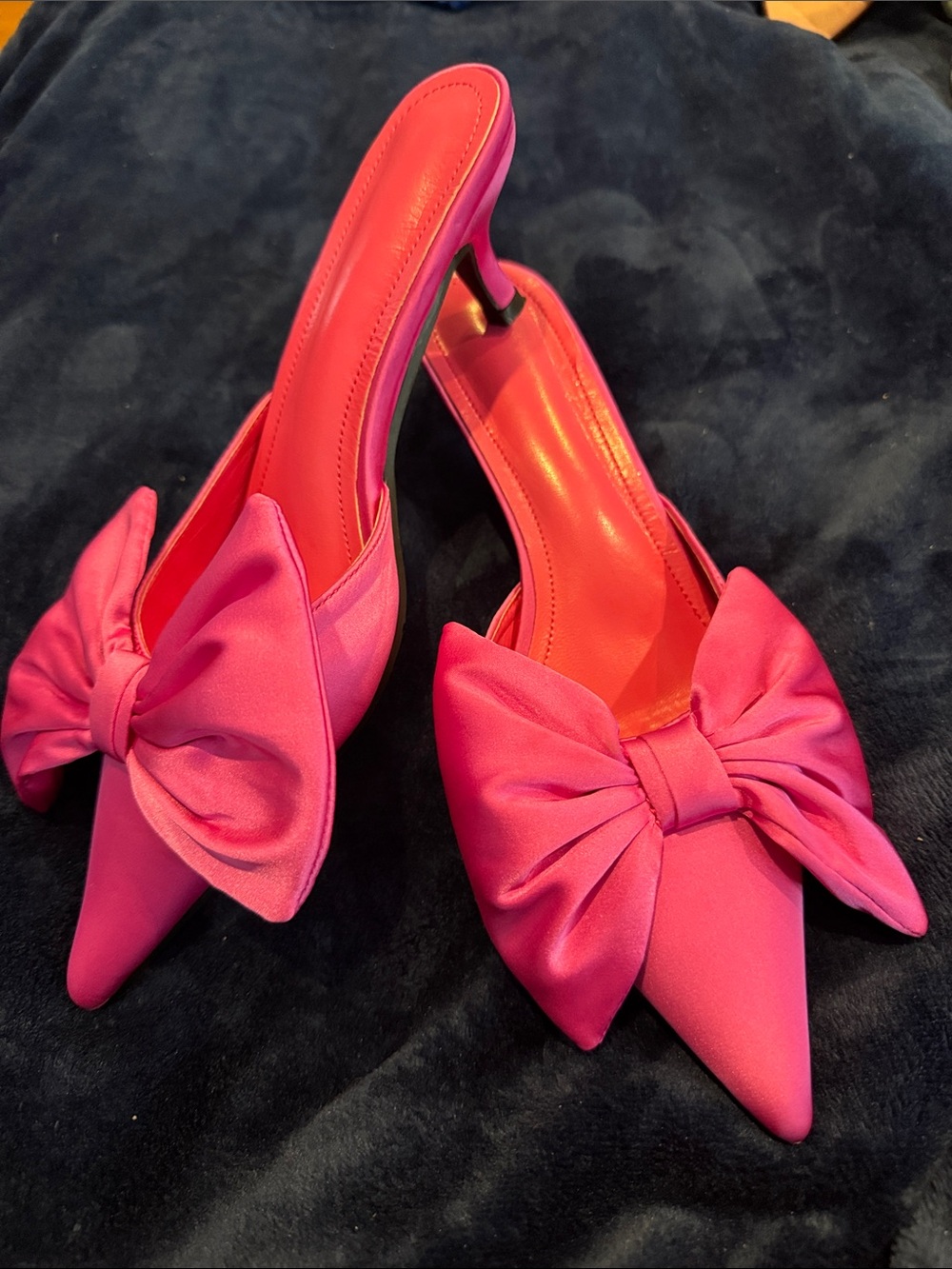 Hot Pink Bow Pointed-Toe Mule Heels - Women Shoes NWOB Size 8